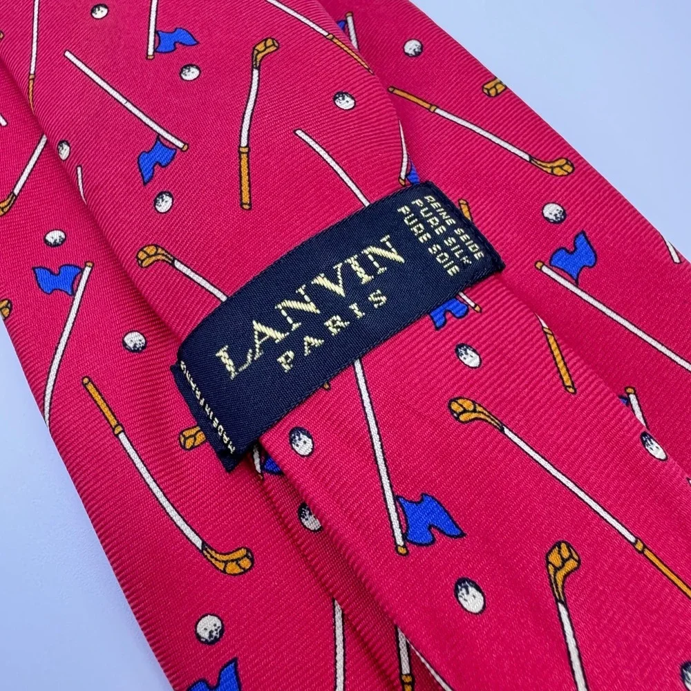 LANVIN Paris Men's Silk Red Tie Golf Club Print Sports Made in France 3¾″ × 60½″